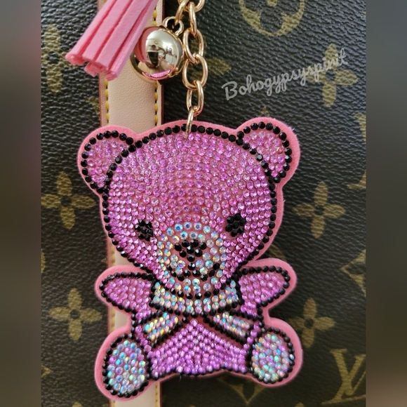 Bling Teddy Bear Crystal Rhinestone Keychain Bag Charm With Pink Tassel - Picture 12 of 13